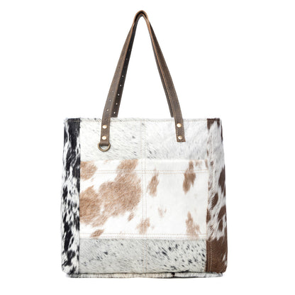 Myra Mesa Trail Patchwork Hairon Tote Bag for Women Rustic Cowhide Design, Brown Leather Handles for Everyday Utility
