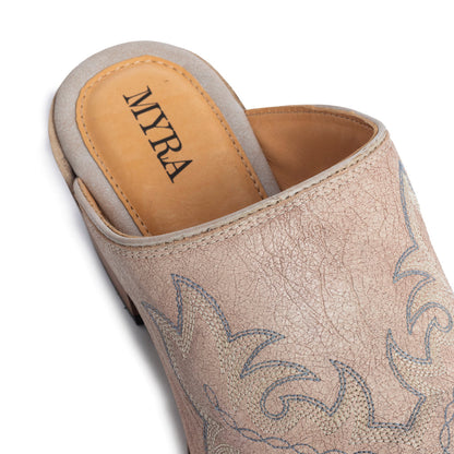 Myra El Paso Ivory Embroidered Mules for Women Pointed Toe, Low Block Heel Western Leather Shoes