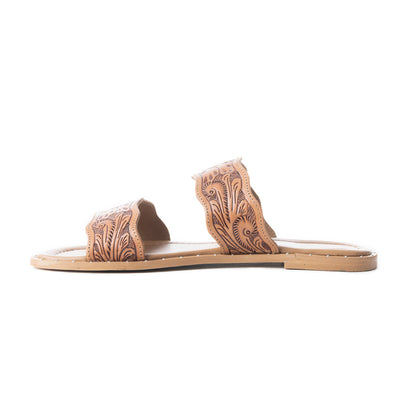 Myra Santa Fe Daisy Leather Sandals for Women - Handtooled Slides with Intricate Floral Design for Summer Comfort