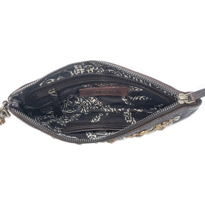 Myra Gold Halo Studded Wash Leather Pouch in Antique Black