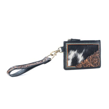 Myra Apache Twilight Handtooled Hairon Leather Card Holder in Midnight Hide