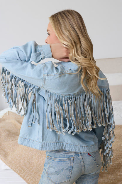 Cassie Fringed Light Wash Denim Jacket