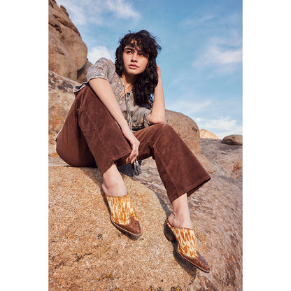 Myra Orange Western Hairon Leather Mules for Women â€“ Pointed Toe, Low Heels, Handtooled Western Slip-Ons