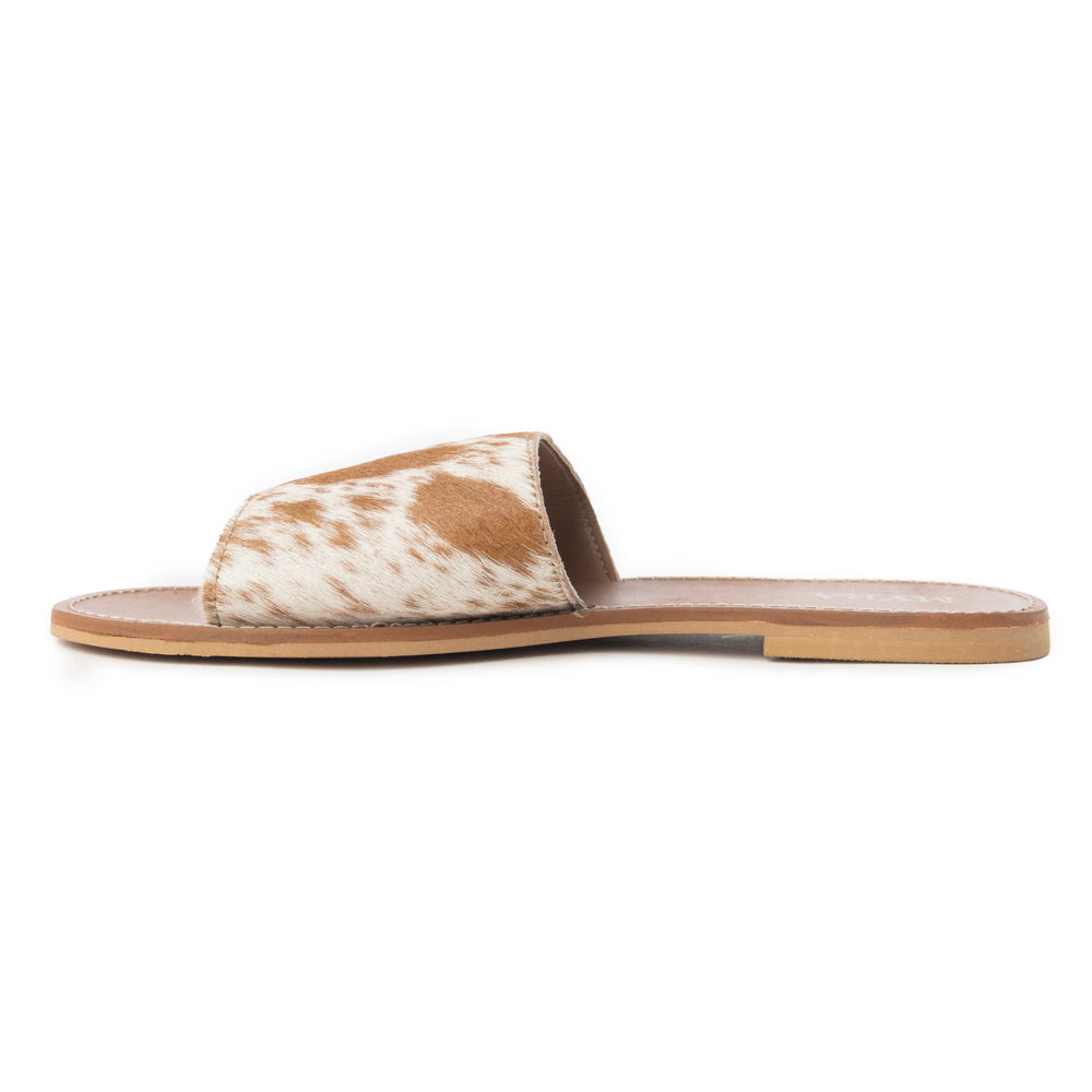 Myra Kemma Hairon Slide Sandals for Women â€“ Comfortable Flat Slides with Tan & White Speckle Print for Western Summer Outings