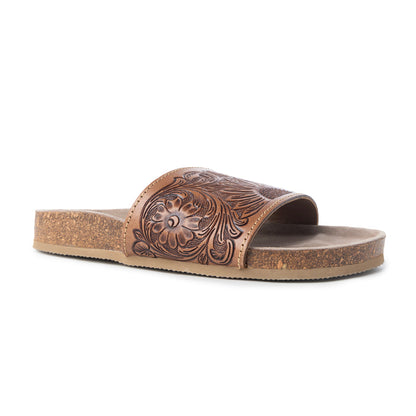 Myra Dottie Handtooled Leather Slide Sandals for Women â€“ Floral Western Tooling with Cork Sole for Casual Comfort