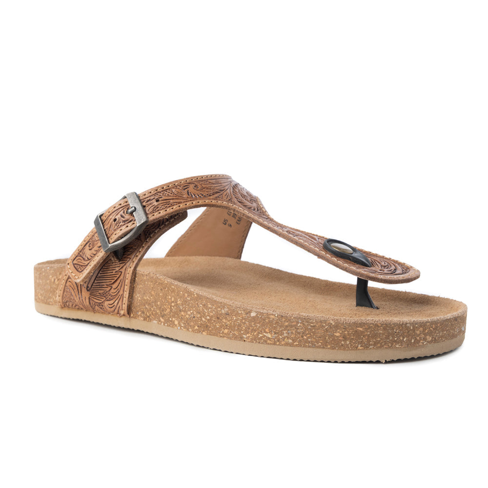 Myra Sadie Mesa Leather Slides for Women - Cushioned Cork Sole, Floral Tooled Finish for Everyday Elegance