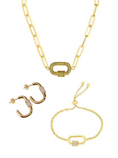 Pave CZ Carabiner Linked Lock Necklace Bundle