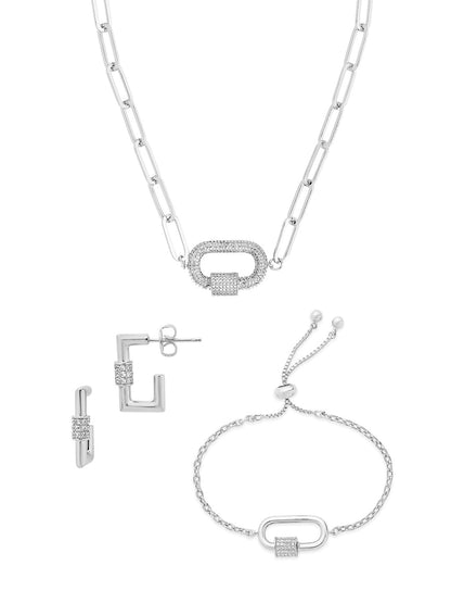 Pave CZ Carabiner Linked Lock Necklace Bundle