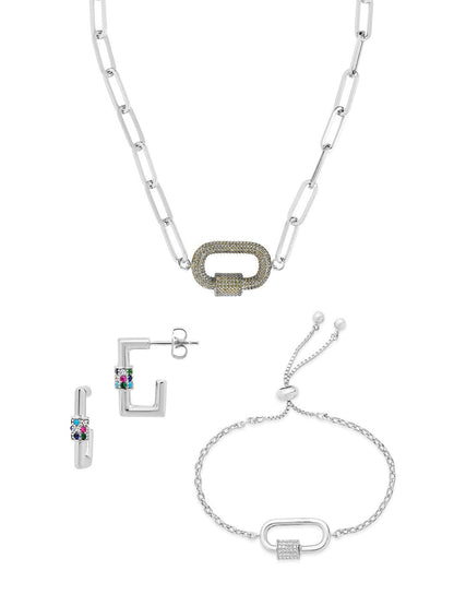 Pave CZ Carabiner Linked Lock Necklace Bundle