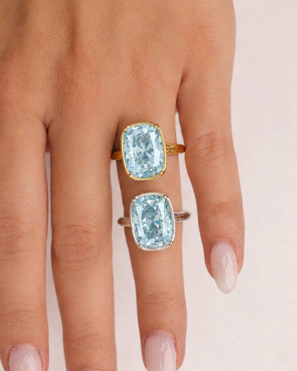 Sterling Silver Elongated Cushion Aquamarine CZ Cocktail Ring