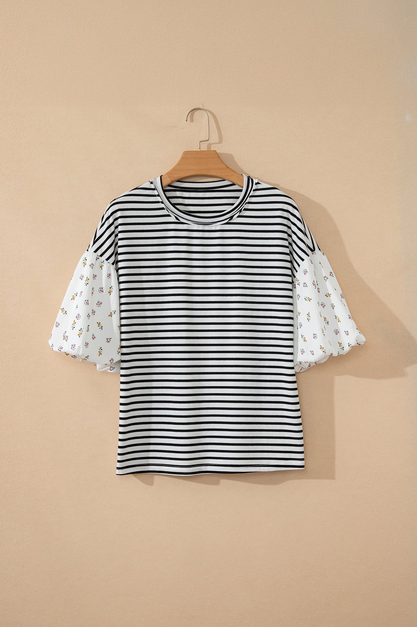 Aviva Puff Sleeve Patchwork Round Neck Loose Top - Black