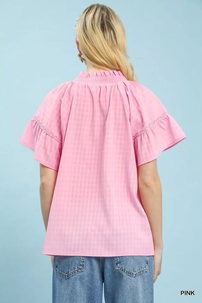 Umgee Gingham Puff Sleeve Top with Lace Trim