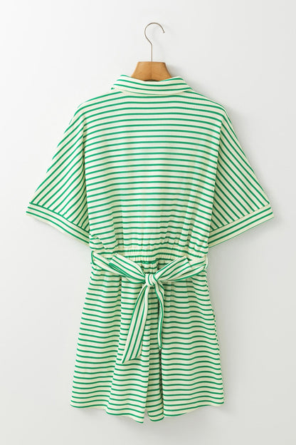 Striped Half Sleeve Tie Waist Romper