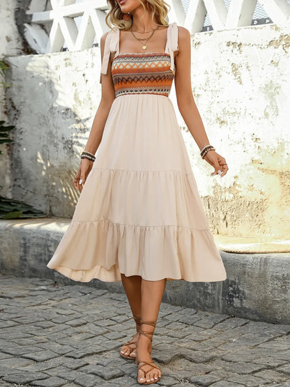 Tie Shoulder Square Neck Tiered Midi Dress