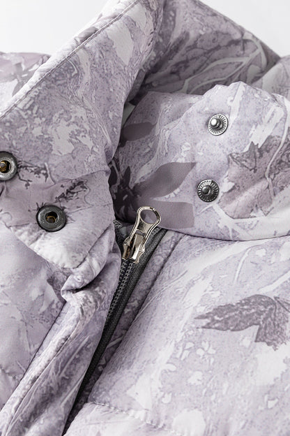 Tessa Camo Leaf Print Winter Puffer Vest - Gray