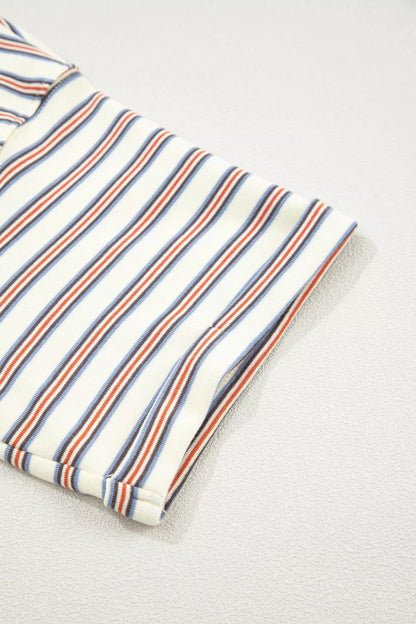 Stripe Drop Shoulder Cuffed Sleeve Loose Tunic T Shirt Mini Dress