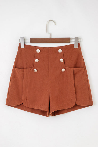 Sienna Button Decor Scalloped Edge High Waist Corduroy Shorts