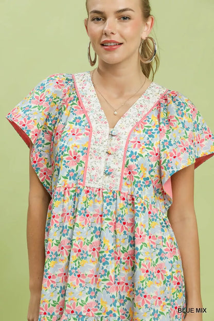 Umgee Mix Floral Tiered Mini Dress with Side Pockets