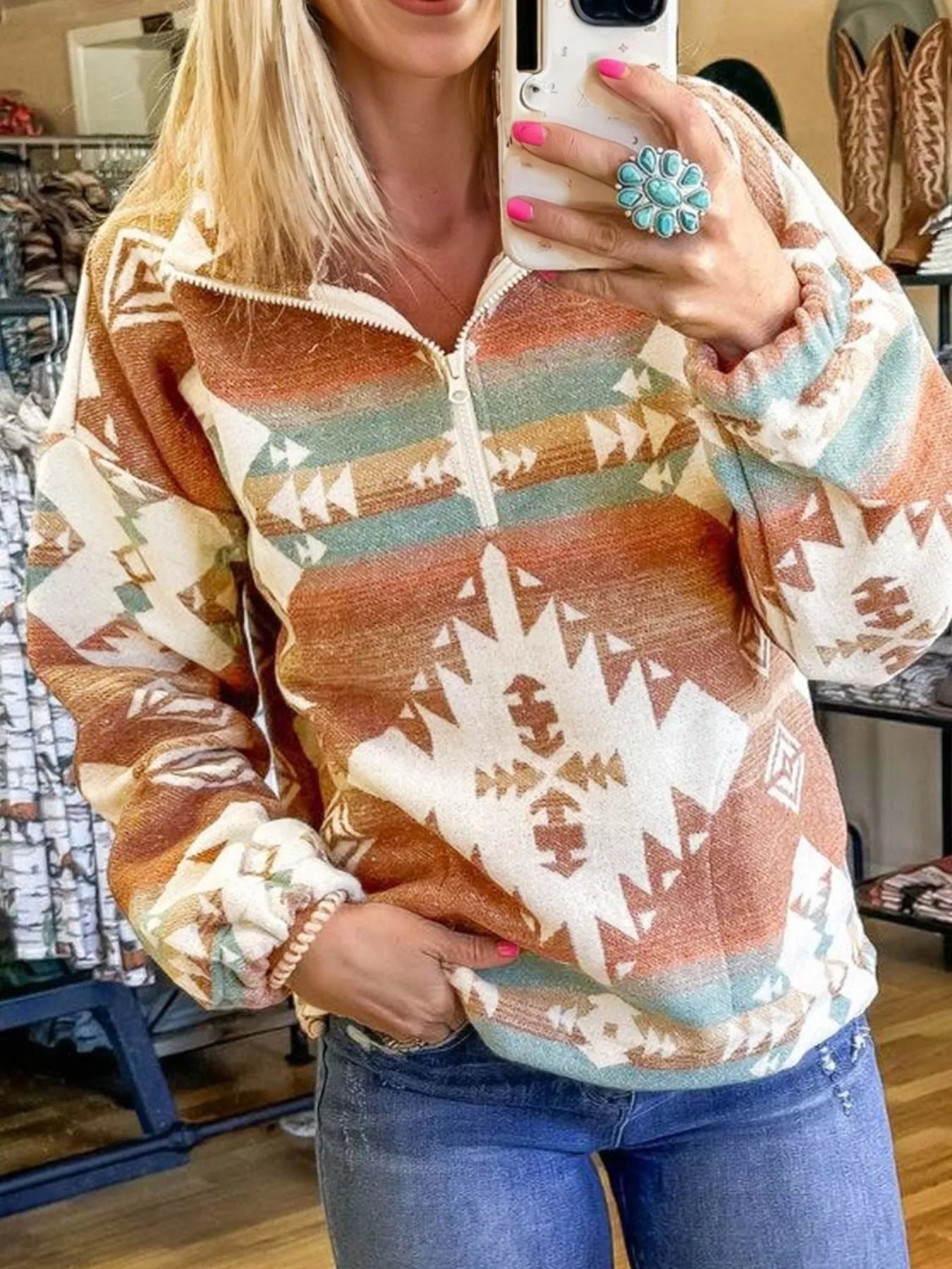 Quarter Zip Elastic Cuffs Aztec Sweatshirt