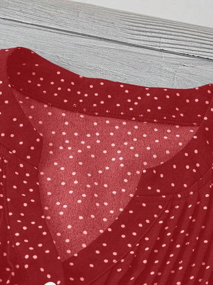Polka Dot Notched Ruffled Cap Sleeve Blouse