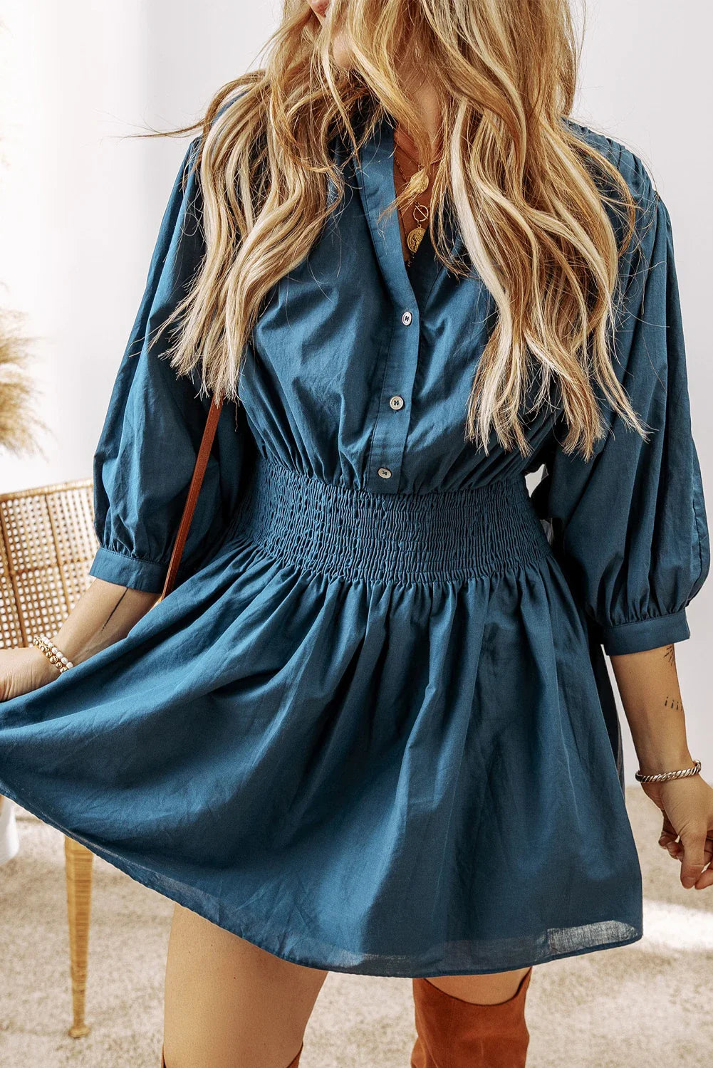 Tammy - Prussian Blue 3/4 Sleeve Shirred High Waist Buttoned Mini Dress