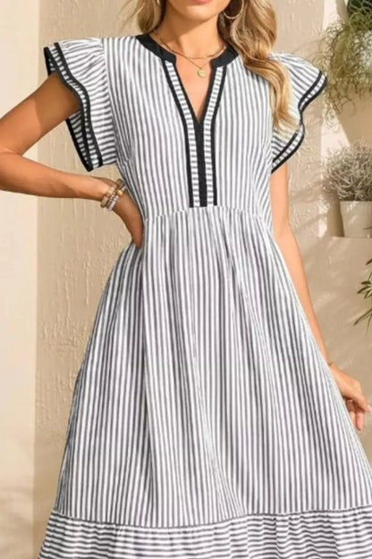 Striped Ruffle Sleeve Midi Dress