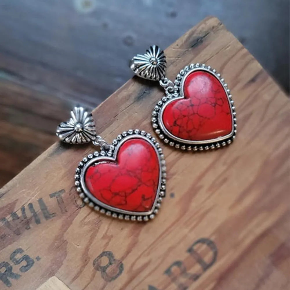 Turquoise Alloy Heart Dangle Earrings - 2 Styles
