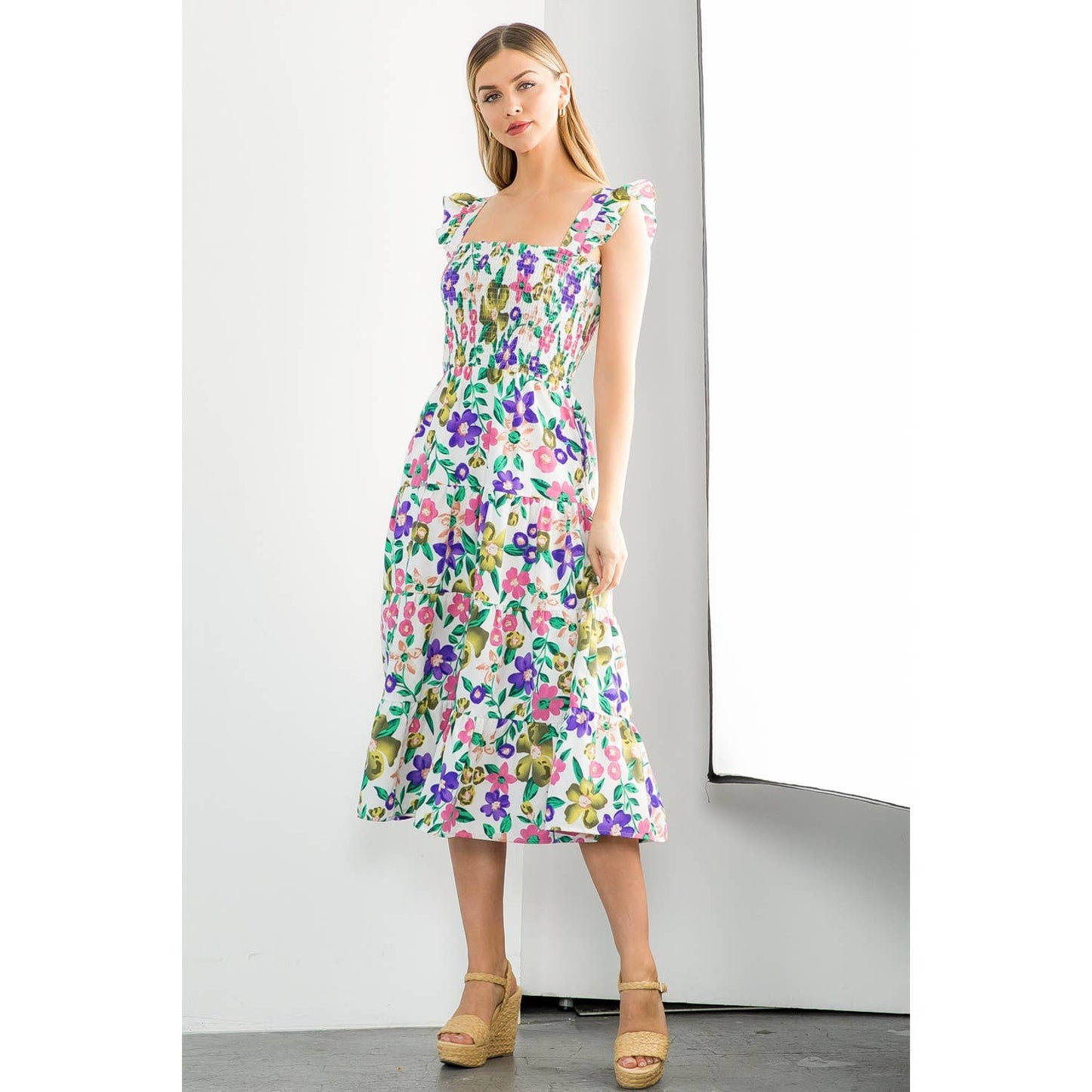 SUZY- Flower Smocked Midi Dress
