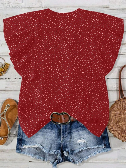 Polka Dot Notched Ruffled Cap Sleeve Blouse