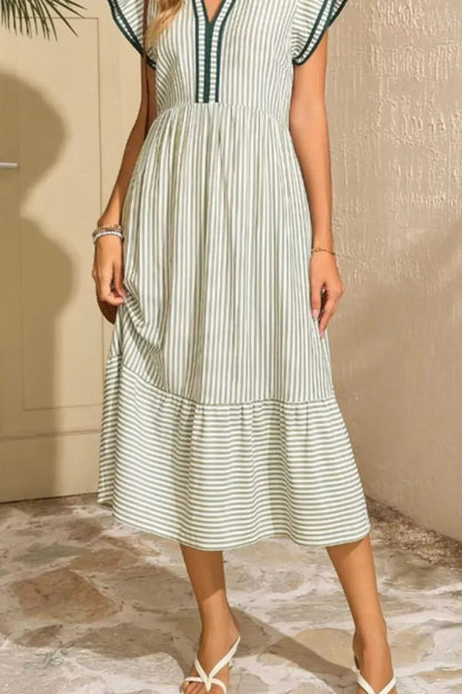 Striped Ruffle Sleeve Midi Dress