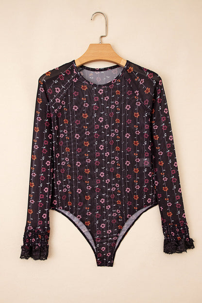 Samantha Floral Print Smocked Cuff Slim Fit Mesh Bodysuit