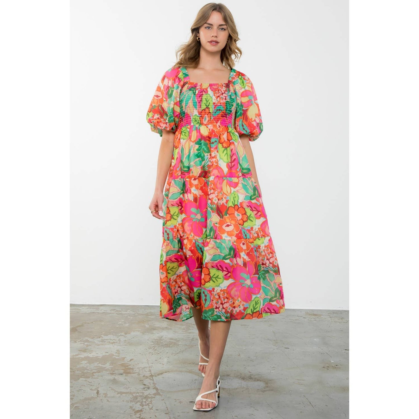 Massey - Puff Sleeve Floral Print Midi Dress