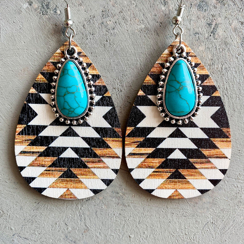 Turquoise Teardrop Shape Wooden Dangle Earrings - 3 Styles