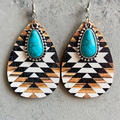 Turquoise Teardrop Shape Wooden Dangle Earrings - 3 Styles