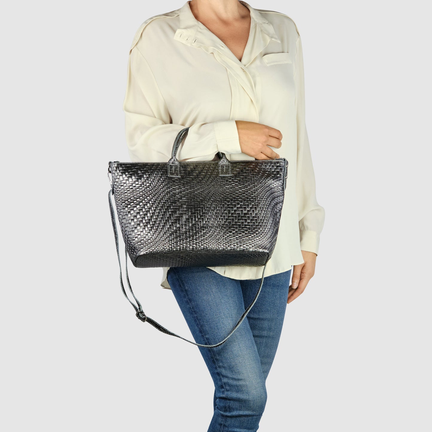 Italian Genuine Grid Metallic Suede Top-Handle Bag 112334