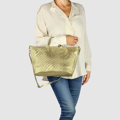 Italian Genuine Grid Metallic Suede Top-Handle Bag 112334