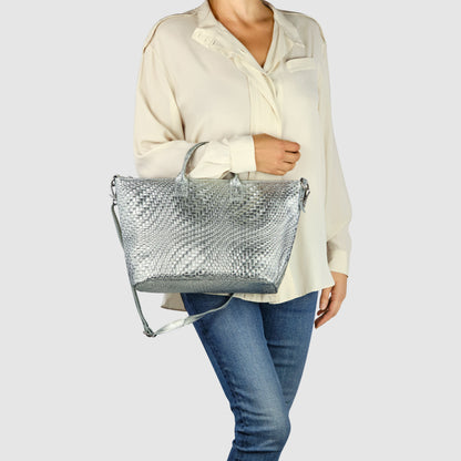 Italian Genuine Grid Metallic Suede Top-Handle Bag 112334