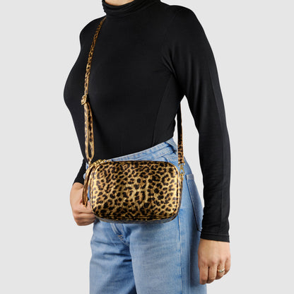 Italian Genuine Leopard-Print Metallic Suede Crossbody Bag 231302