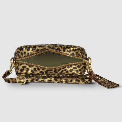 Italian Genuine Leopard-Print Metallic Suede Crossbody Bag 231302