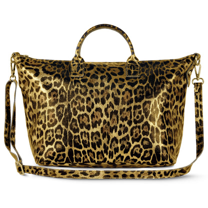 Italian Genuine Leopard-Print Metallic Suede Top-Handle Bag 112334