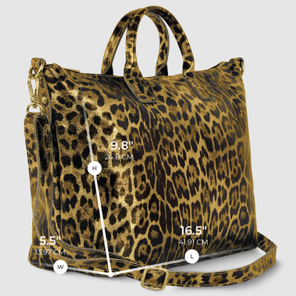 Italian Genuine Leopard-Print Metallic Suede Top-Handle Bag 112334