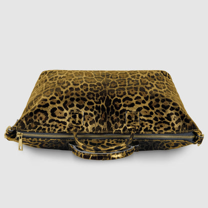 Italian Genuine Leopard-Print Metallic Suede Top-Handle Bag 112334