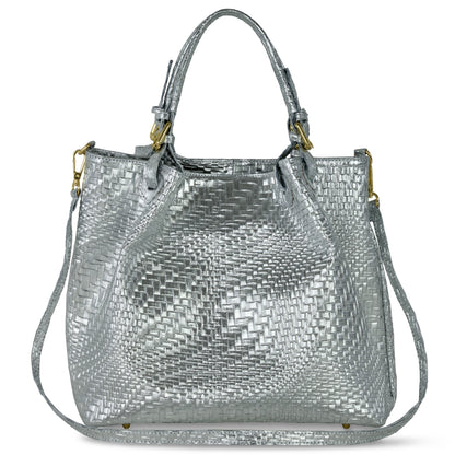 Italian Genuine Grid Metallic Suede Top-Handle Bag 112615