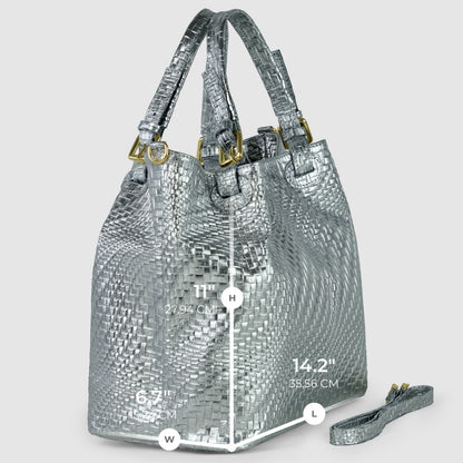 Italian Genuine Grid Metallic Suede Top-Handle Bag 112615