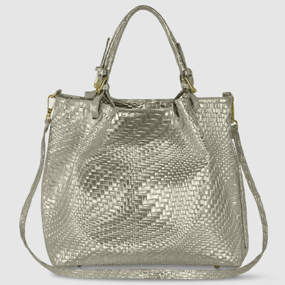 Italian Genuine Grid Metallic Suede Top-Handle Bag 112615