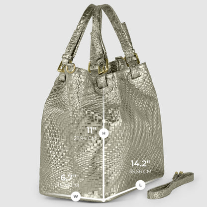 Italian Genuine Grid Metallic Suede Top-Handle Bag 112615