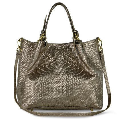 Italian Genuine Grid Metallic Suede Top-Handle Bag 112615