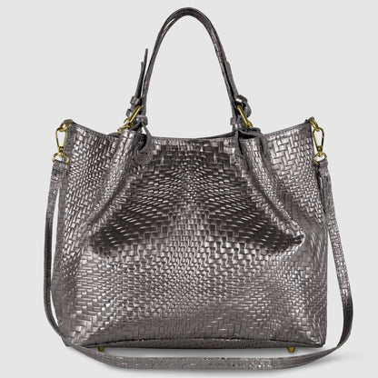 Italian Genuine Grid Metallic Suede Top-Handle Bag 112615