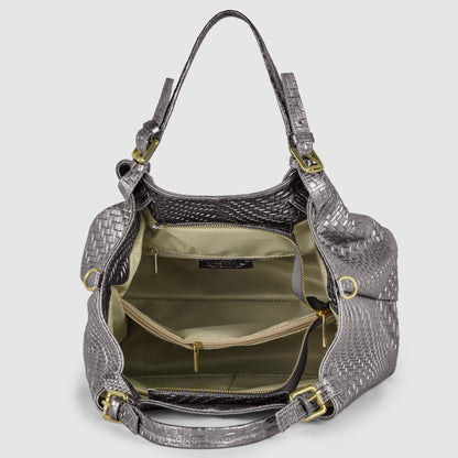 Italian Genuine Grid Metallic Suede Top-Handle Bag 112615