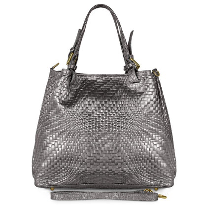 Italian Genuine Grid Metallic Suede Top-Handle Bag 112615